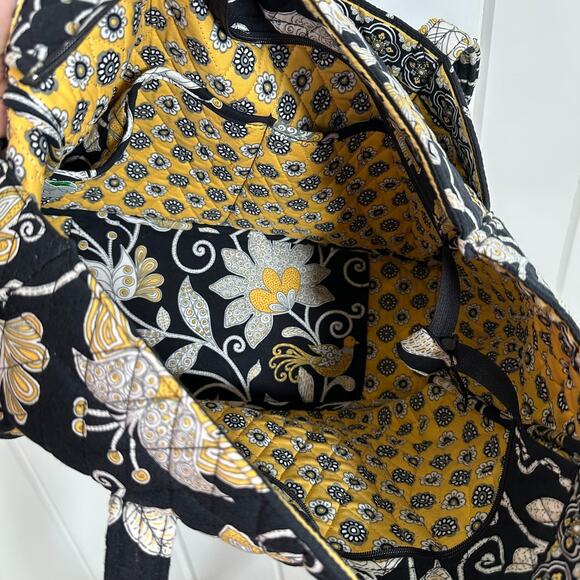 Vera Bradley Tote Bag Large Jumbo Quilted Black Yellow Bird 6 Pockets Zip Top - Picture 8 of 11